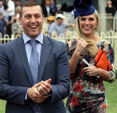 Dressed for success:
Tony and Jane Gollan soak up that winning feeling after Amexed had taken out the Group 3 Rough habit Plate