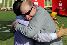 Trainer Andrew Campbell celebrates Werther's win in the Group 2 Queensland Cup (below). The horse has now been sold to Hong Kong interests