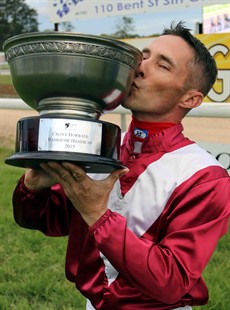 Chris Whiteley celebrates his 2015 Ramornie win aboard the Liam Birchley trained Rock Royalty