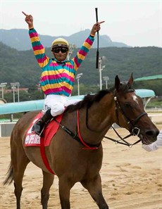 Jockey Karis Teetan celebrates Super Jockey's win in the KOR G1 Korea Sprint (sand, 1200m) at Seoul Racecourse