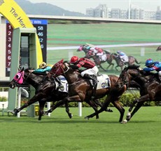 Diamond Mysterious (inside) wins the Class 4 Sunbird Handicap (1400m) as the middle leg of a treble for trainer Francis Lui and a five-timer for Joao Moreira.

Photos: Courtesy Hong Kong Jockey Club