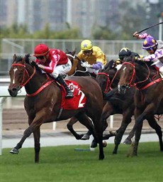 The John Size-trained Mr Stunning(No 2), ridden by Nash Rawiller, wins the G2 BOCHK Wealth Management Jockey Club Sprint (1200m turf) at Sha Tin racecourse today.