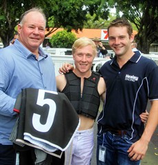 Photo flashback. Dale and Billy Healey with Josh Oliver. Serlina (10) is trained by Healey ather and son combination. She seems to be coming along well and maybe, despite being a maiden, she can fill a place at big odds. (see race 3)