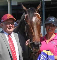 Barry Lockwood with Fiery Heights after the gelding's success at Doomben on December 29. 