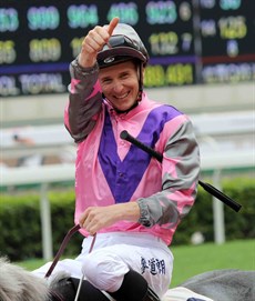 James McDonald , seen celebrating his win in Hong Kong on Sunday. Chances are he will have more to celebrate at the Gold Coast where he is my choice to win the Jockeys Challenge