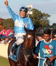 Blake Shinn celebrates his 2018 Tatts Tiara victory aboard Prompt Response. This year Shinn rides Pohutukawa for Godolphin in the big race. Shinn is a strong favourite for the Jockeys Challenge (see race 8)