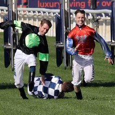 Some fun and games from the Jockey Foot race on National Jockeys Trust race-day at Doomben (above and below)