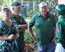 Jeff Simpson (second from right) talks to Ryan Maloney prior to Alligator Blood's trial at the Sunshine Coast on February 2