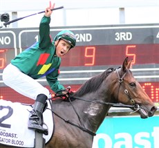 Ryan Maloney shows his joy after winning the 2020 Magic Millions Three-Year-Old Guineas (see below). The star performer later lost the race on disqualification