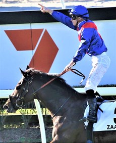 Zaaki and James McDonald ... seven lengths clear of the pack in the 2021 Doomben Cup was an effort worthy of a big victory salute