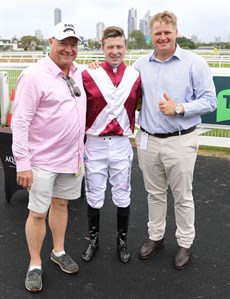 Co-trainers Tony and Calvin McEvoy with jockey Harry Coffey pictured at the Gold Coast last week after their win in the Gold Pearl  ... the Arabian Summer team looks set to strike again