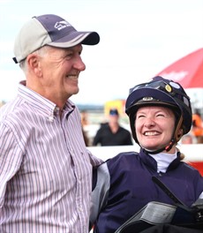 Trainer Brian Dais, who gave Philpot her two winning rides ... and Philpot, enjoying the moment