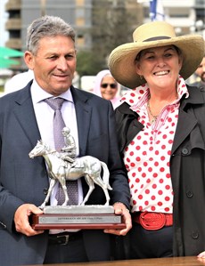 Tony and Leigh Sears ... taking home a trophy after Goldeel's win 