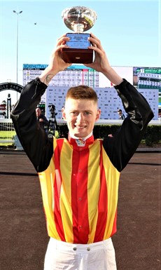 Kyle Wilson-Taylor in a very proud moment ... his first Group 1 victory aboard Palaisipan in the 2023 Tatts Tiara