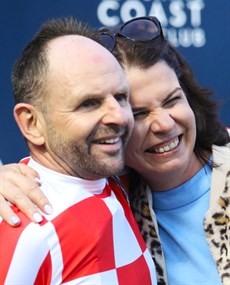 Larry Cassidy and Louise White celebrate Irish Songs win in the 2023 Glasshouse Handicap. White and Irish Songs are back, but Cassidy misses out in the most unfortunate of circumstances