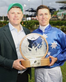 Damien Lane with Corey Munce after Payline's amazing win in the $1 million The Syndicate